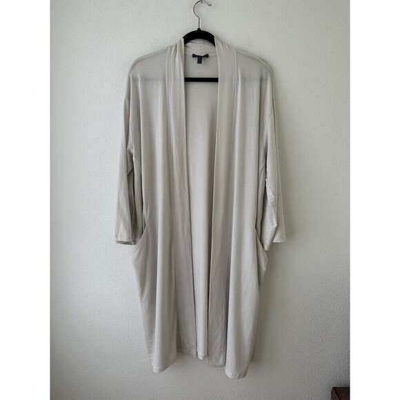 Eileen Fisher M Tencel Lyocell Cardigan Open Front In Bone with Pockets - Picture 2 of 8